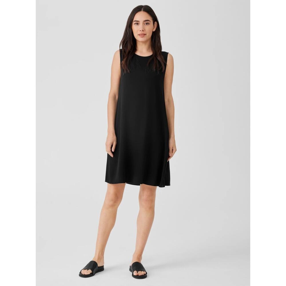 Eileen‎ Fisher Black Silk Georgette Crepe Round Neck Dress Size XS NWT